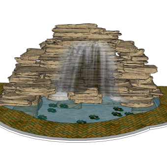 中式假山水池跌水草图大师模型，假山水景sketchup模型skp文件分享