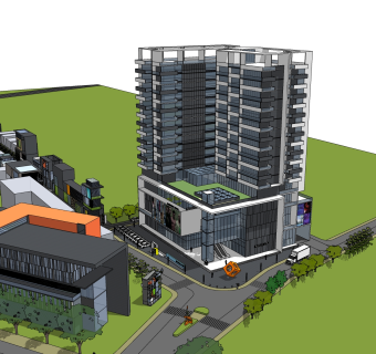 现代办公楼外观草图大师模型，办公楼外观sketchup模型免费下载