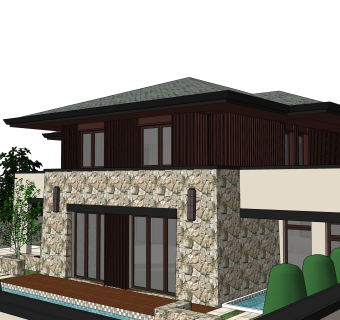 中式别墅草图大师模型下载，别墅外观sketchup模型分享