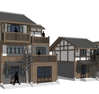 中式别墅外观草图大师模型，别墅外观sketchup模型免费下载