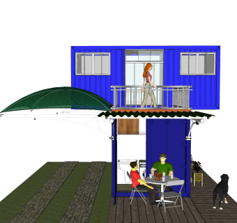 现代集装箱改造房sketchup模型，集装箱房屋草图大师模型下载