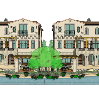 现代连排欧式别墅草图大师模型下载，独栋别墅sketchup模型