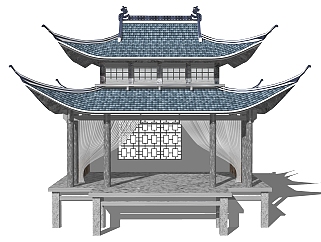 中式戏台SU模型，戏台SKB文件下载