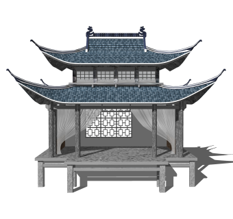 中式戏台SU模型，戏台SKB文件下载