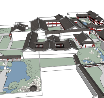 现代新中式别墅群草图大师模型，别墅sketchup模型