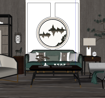 新中式布艺沙发组合su模型，布艺沙发组合sketchup模型下载