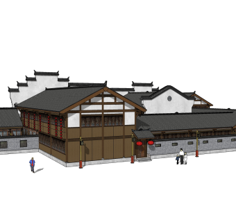 中式徽派建筑草图大师模型，古建民俗sketchup模型免费下载