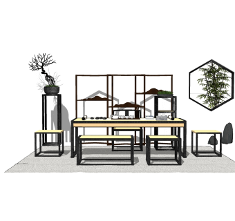 中式桌椅组合su模型，桌椅组合草图大师模型下载