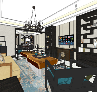 新中式套房设计草图大师模型，家装SU模型下载