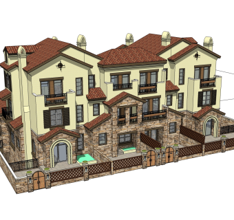 欧式联排别墅sketchup模型，别墅skb文件下载