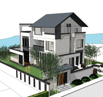 中式别墅建筑草图大师模型，古建民俗sketchup模型免费下载