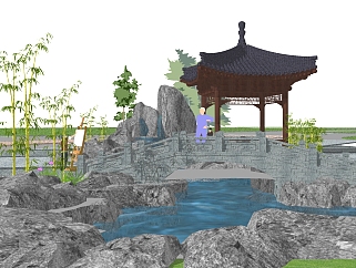 中式小桥流水景观小品草图大师模型，小桥流水景观小品sketchup模型下载