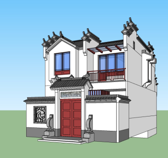 新中式独栋别墅su模型免费下载，别墅sketchup模型下载