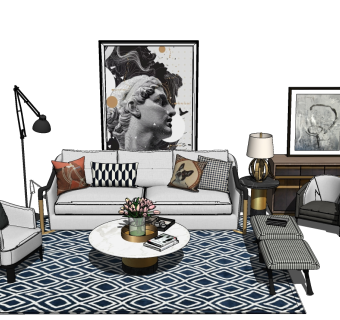 现代轻奢沙发组合su模型，沙发sketchup模型下载