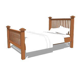 现代实木双人床免费su模型，实木双人床skp模型下载