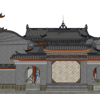 中式寺院sketchup模型，寺院草图大师模型下载