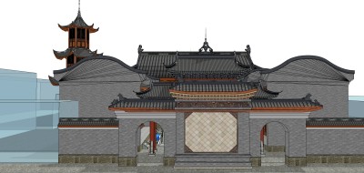 中式寺院sketchup模型，寺院草图大师模型下载