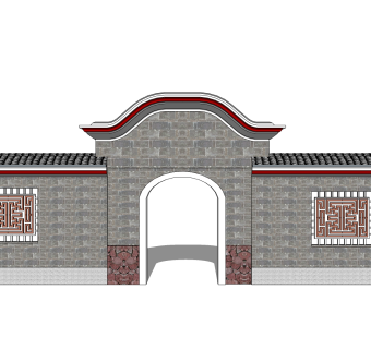 中式院门院墙草图大师模型，院门院墙sketchup模型免费下载
