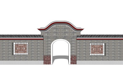 中式院门院墙草图大师模型，院门院墙sketchup模型免费下载