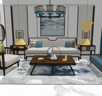 新中式客餐厅su模型，客厅沙发茶几组合草图大师模型下载