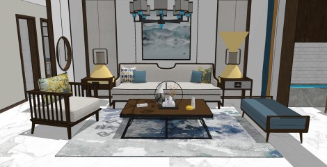 新中式客餐厅su模型，客厅沙发茶几组合草图大师模型下载