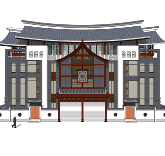 中式联排别墅su模型，别墅skb文件下载