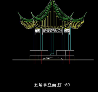 五角亭全套CAD施工图，五角亭CAD建筑图纸下载