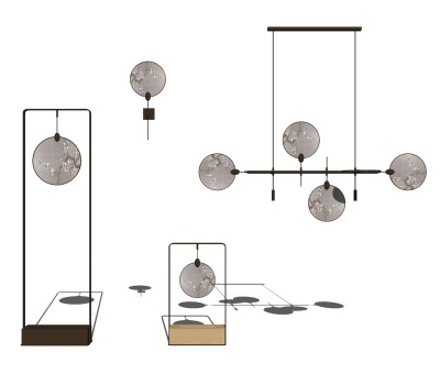 新中式扇形吊灯壁灯台灯组合su模型，吊灯壁灯台灯组合skp模型下载