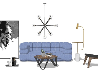 现代轻奢客厅软装su模型，客厅沙发茶几组合sketchup...