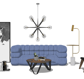 现代轻奢客厅软装su模型，客厅沙发茶几组合sketchup模型下载