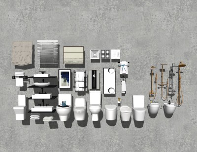 现代洗手台马桶组合su模型，洗手台草图大师模型下载