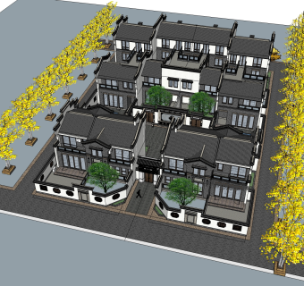 中式联排别墅su模型，别墅草图大师模型下载