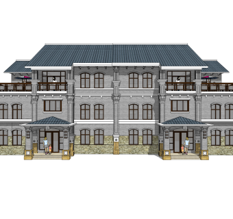 中式联排别墅su模型，别墅sketchup模型下载