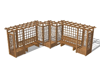 中式带廊架公用椅草图大师模型，户外椅sketchup模型下载