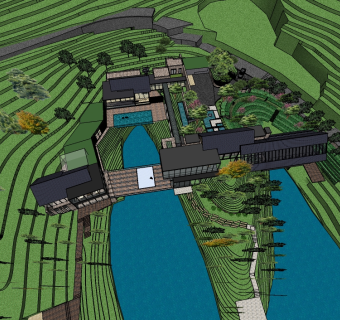 现代滨水别墅skb文件，田园风别墅su模型下载