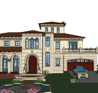 西班牙独栋欧式别墅外观草图大师模型，SU模型免费下载