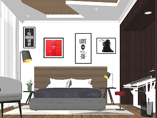 <em>现代北欧</em>风格卧室sketchup模型，卧室skp模型下载