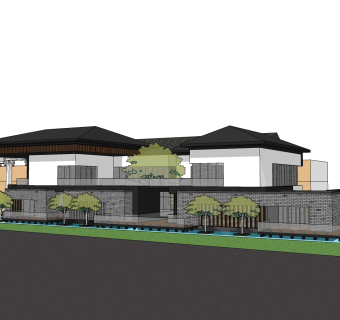 新中式售楼处建筑方案草图大师模型，售楼部建筑沙盘sketchup模型免费下载