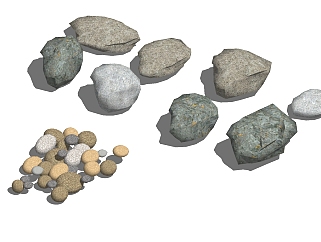假山景石石头su模型下载、鹅卵石大理石块草图大师模型下载