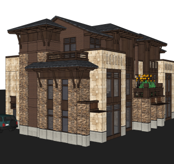 新中式连排别墅su模型下载，别墅草图大师模型分享