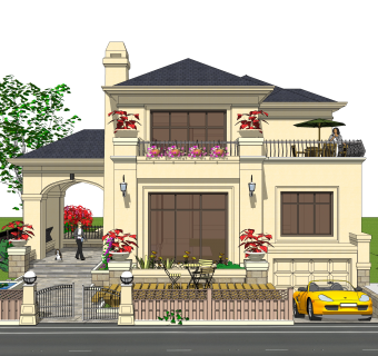 欧式独栋别墅草图大师模型，sketchup别墅su模型下载