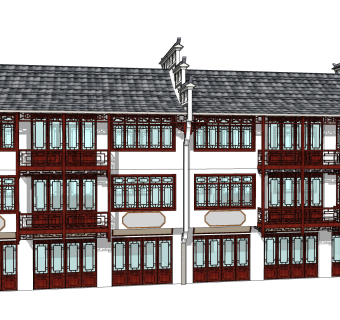 新中式徽派建筑草图大师模型，古建民俗sketchup模型免费下载