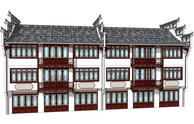 新中式徽派建筑草图大师模型，古建民俗sketchup模型免费下载