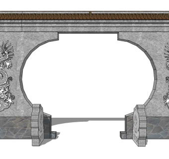 中式景观墙skp文件下载，景观墙SU模型
