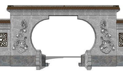 中式景观墙skp文件下载，景观墙SU模型
