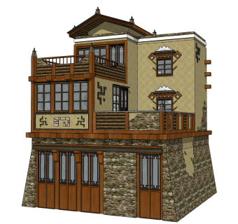 新中式羌族建筑草图大师模型，古建民俗sketchup模型免费下载