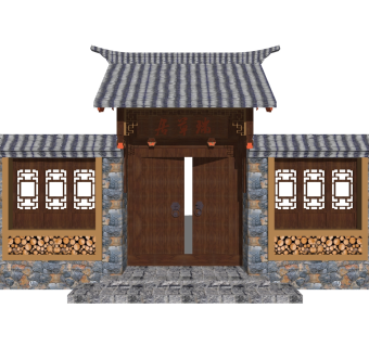 中式院门院墙草图大师模型，院门院墙sketchup模型免费下载