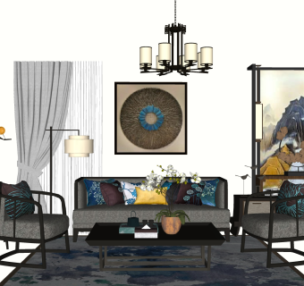 中式沙发茶几组合su模型，餐厅玄关家具软装组合skp模型下载