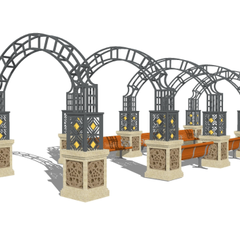 欧式铁艺廊架草图大师模型，铁艺廊架sketchup模型下载
