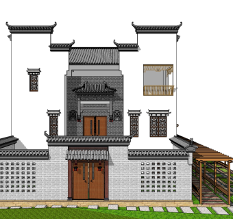 中式别墅su模型下载、中式别墅草图大师模型下载